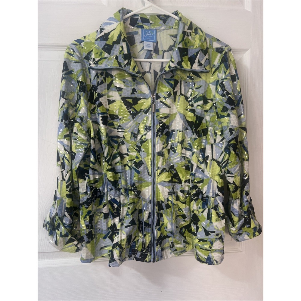 Lara Lane Jacket, Women's Size 14P Blue Green White Full Zip Long Sleeve